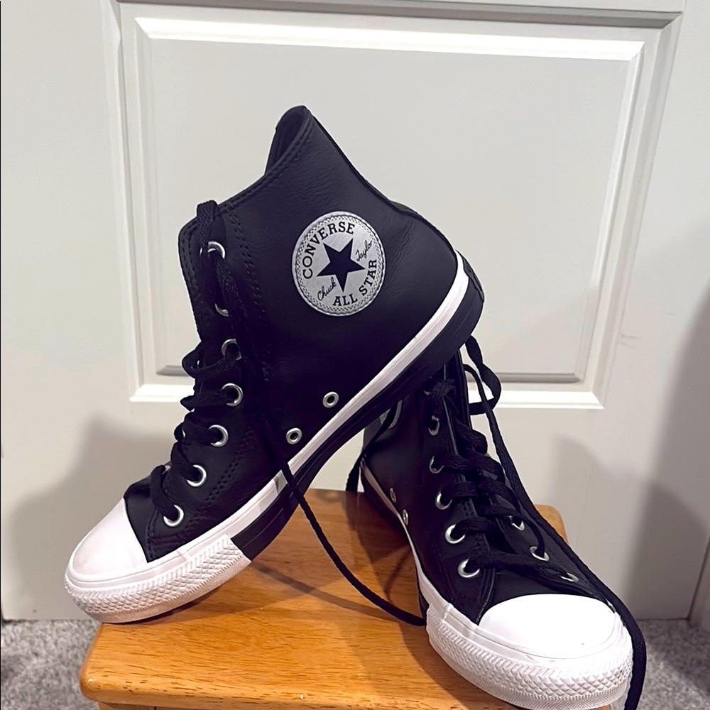 Converse Black and White Leather High-Top Sneakers